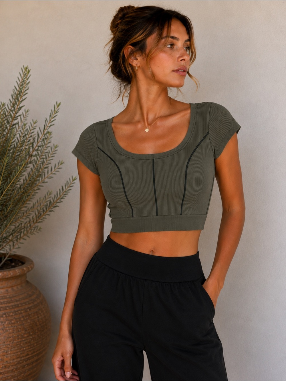 Ribbed Scoop Crop Top in Olive